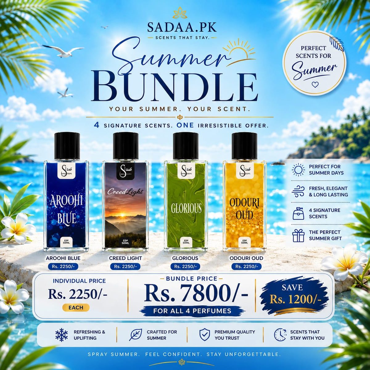 Summer Bundle - 4 Premium Perfumes (Creed Light, Aroohi Blue, Glorious, Oduori Oud)